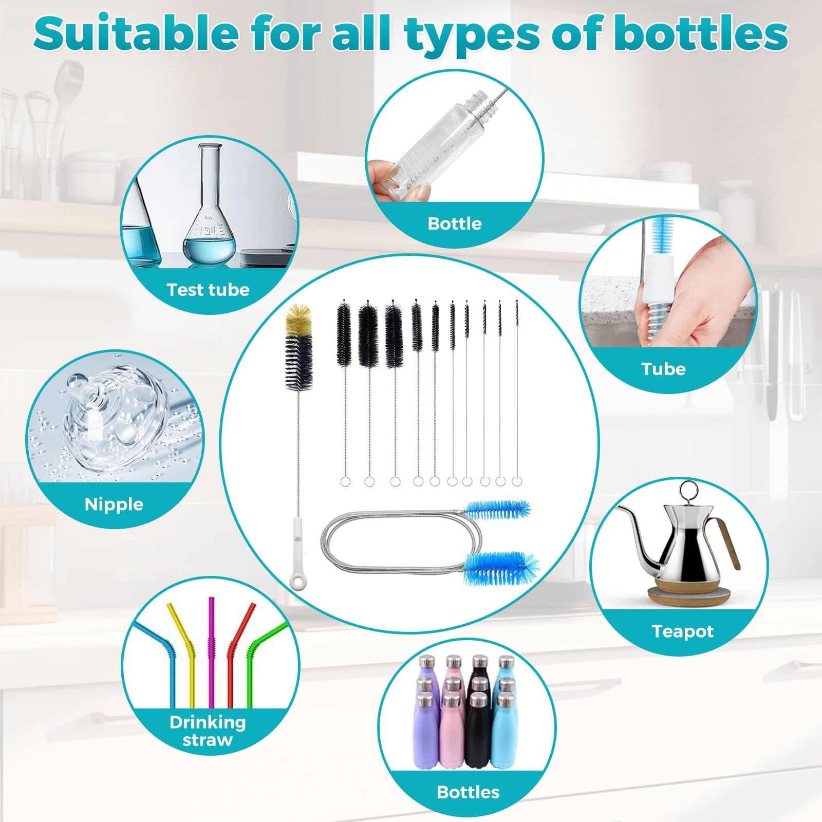 12 Pcs Glass Tube Cleaner Brush Set HeavyDuty for Bottle Straw Hose Aquarium