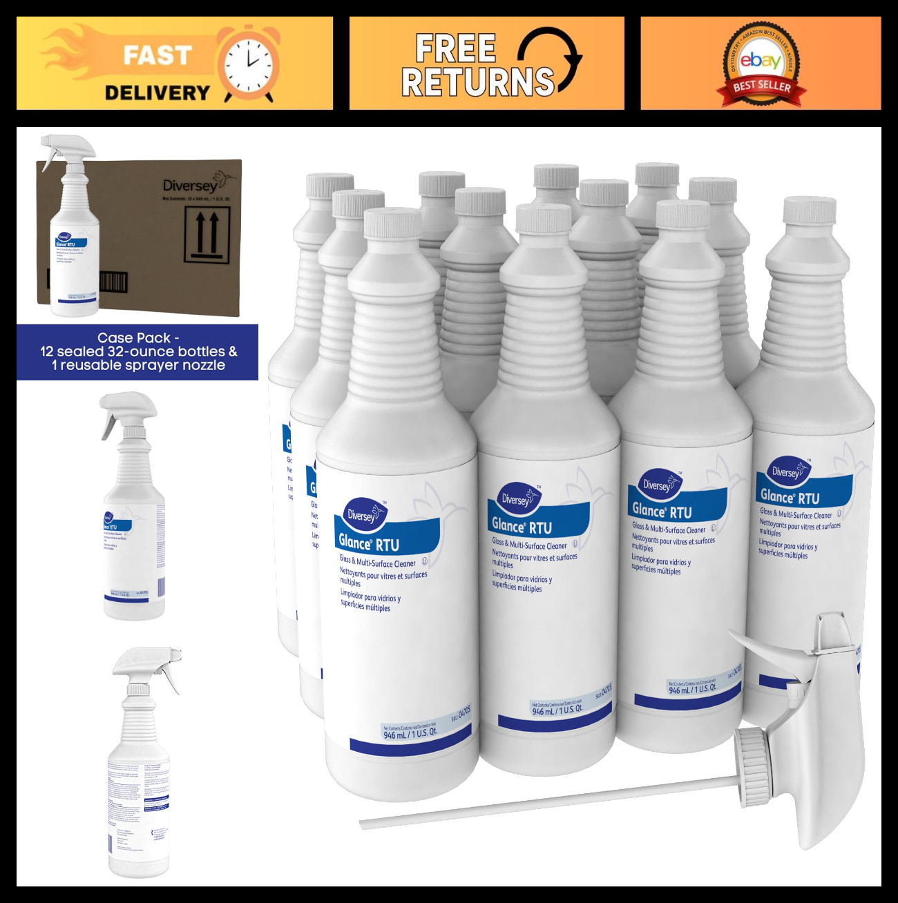 Multi-Surface & Glass Cleaner 32 oz, 12 Pack – Streak-Free Shine, Powerful Formu