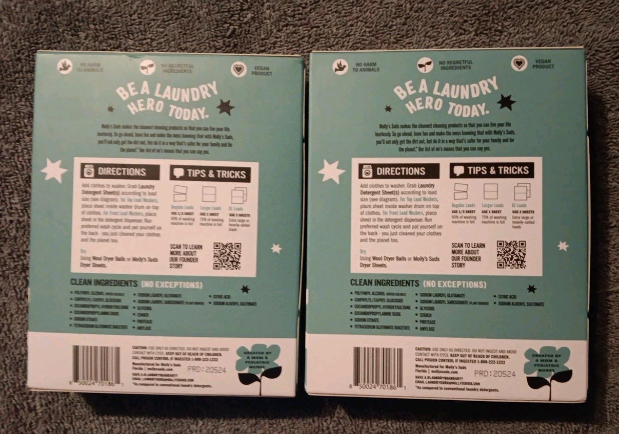 2 Mollys Suds Laundry Sheets Unscented 70 Sheets 4.32 oz (L35)