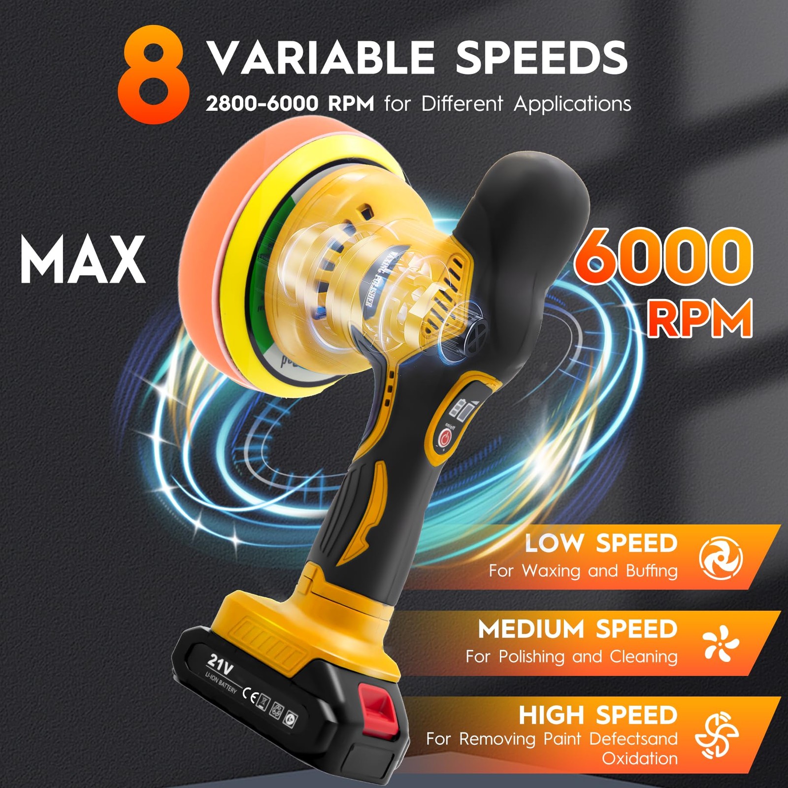 Cordless Car Buffer Polisher 6 Inch 2x21V Batteries 21 PCS 8-Speed Max 6000RPM