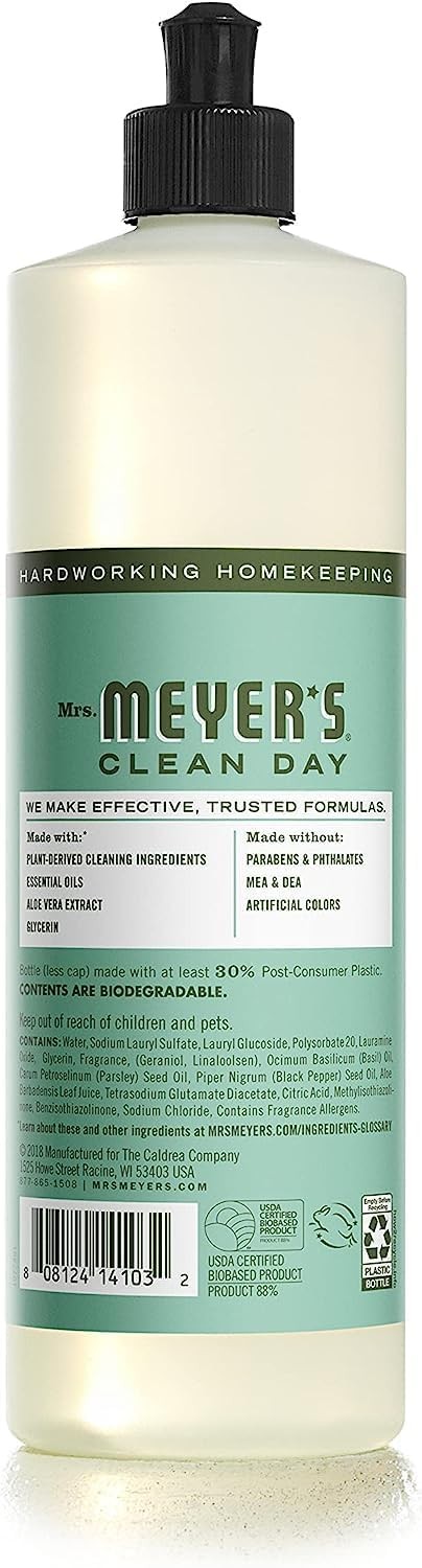 MRS. MEYER’S CLEAN DAY Liquid Dish Soap, Biodegradable Formula, Basil, 16 fl. oz