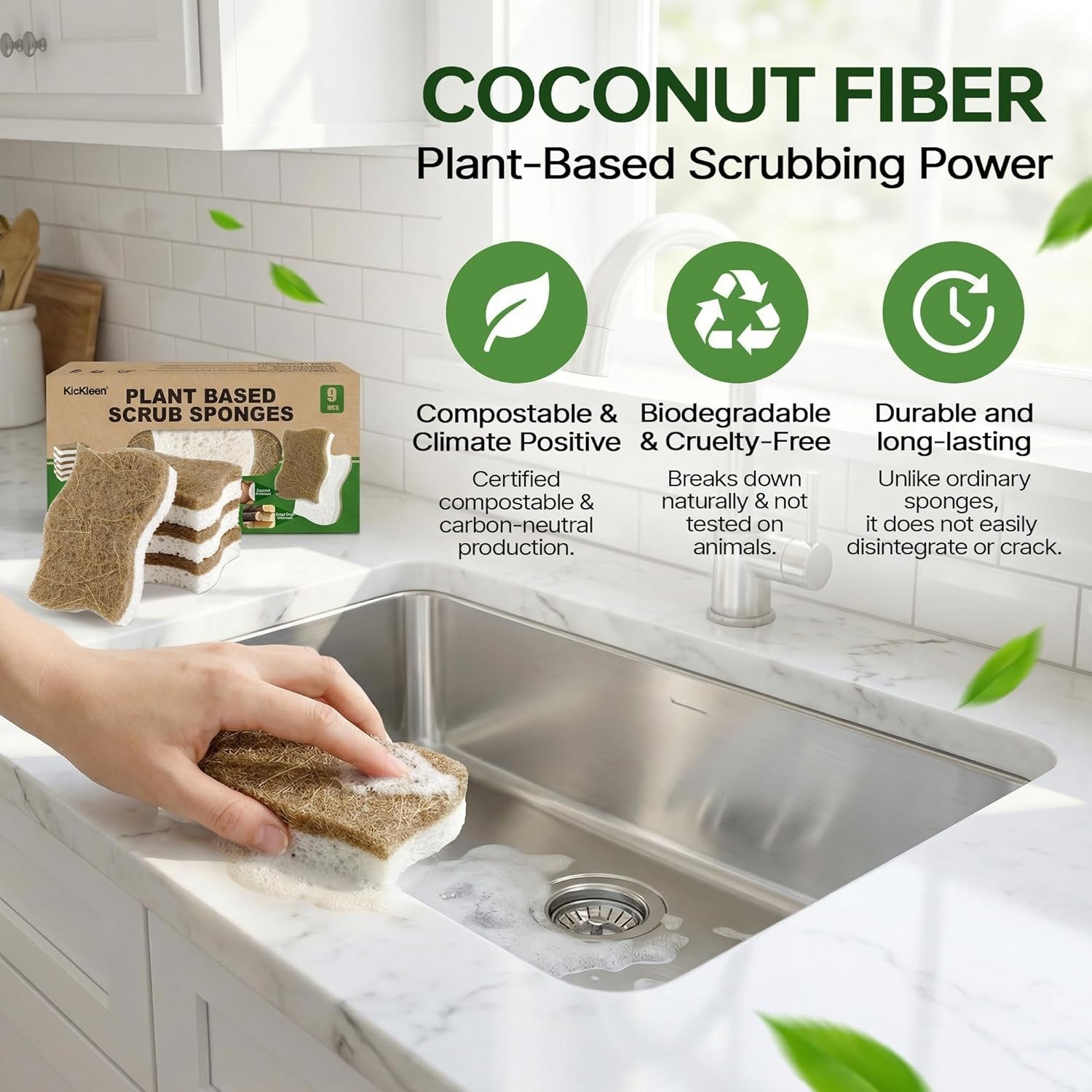 9 Pack Kickleen Biodegradable Natural Kitchen Sponges – Compostable Cellulose