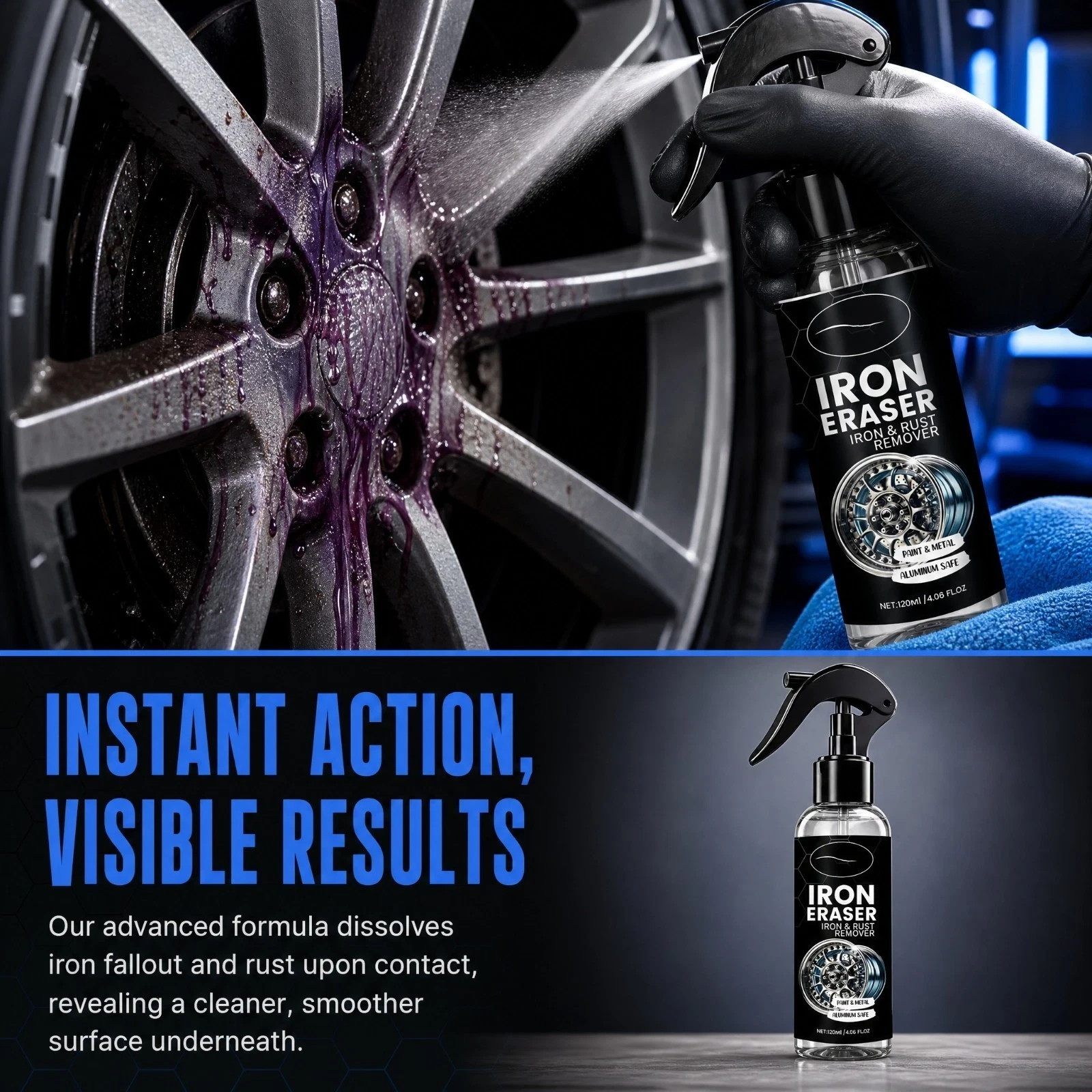Iron Eraser Rust Remover Spray, Car Wheel Paint Brake Dust Fast Cleaner 120ml