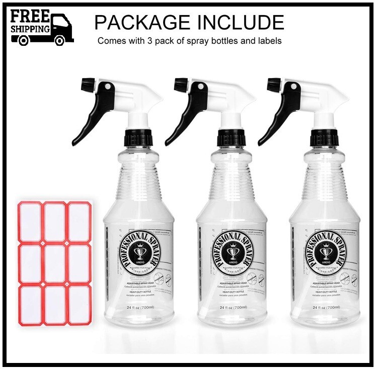 Plastic Spray Bottle (24oz 3 Pack) for Cleaning Solutions, Car Detailing Care, P