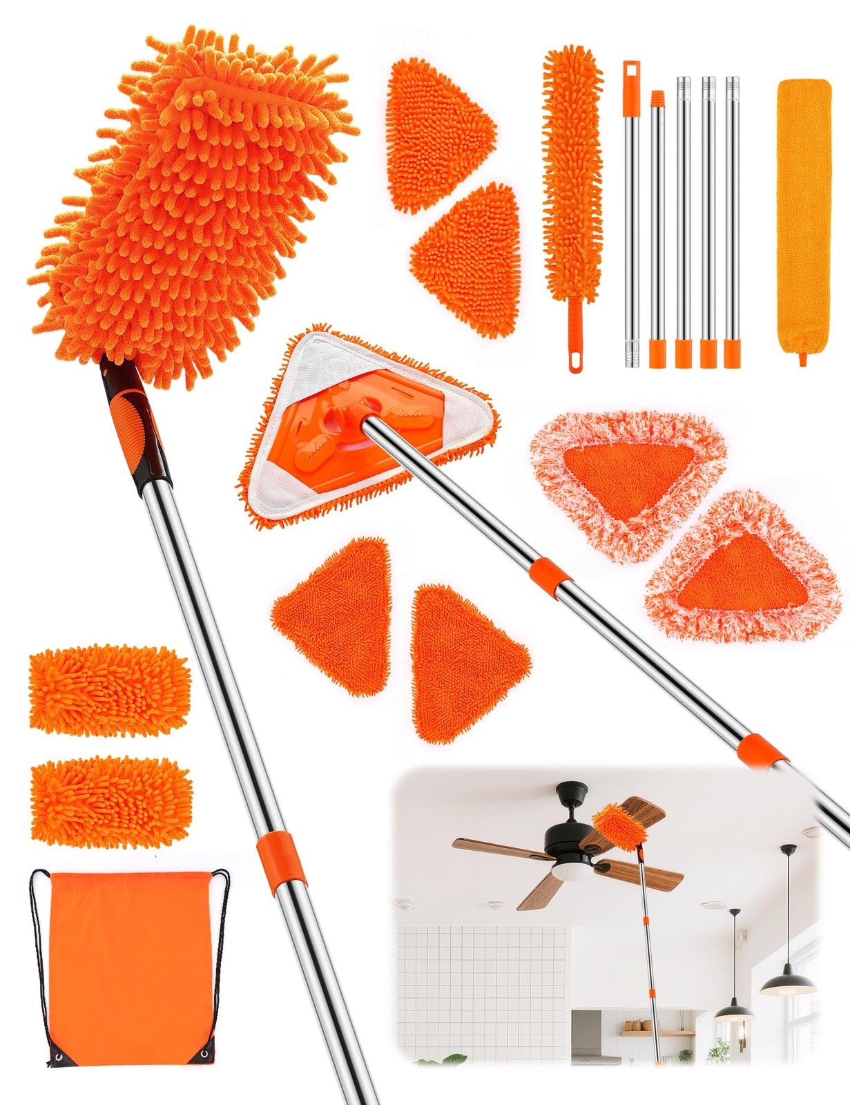 Ceiling Fan Cleaner Duster with 76″Extendable Long Handle 180° Wall Mop