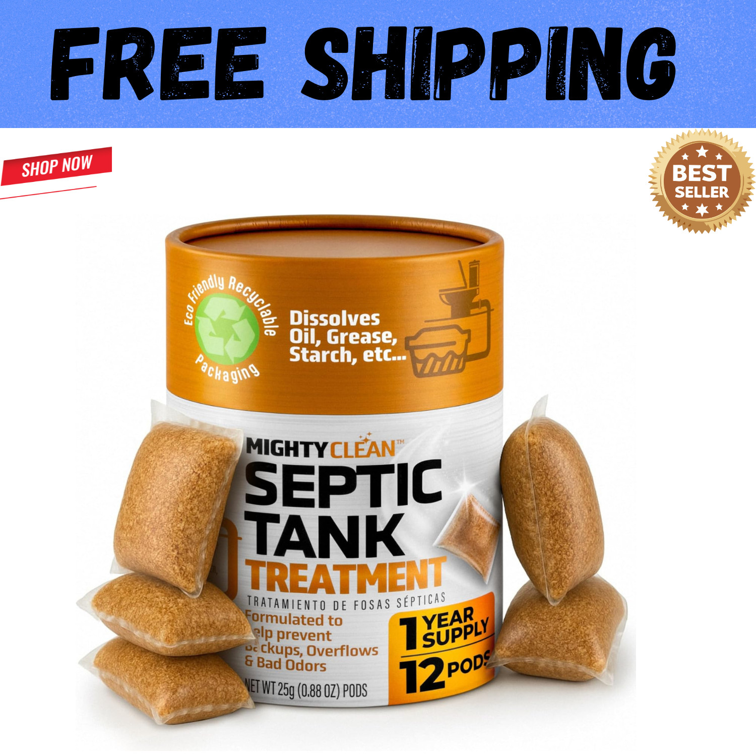 Septic Tank Treatment – 12 Pods, 1 Year Supply – RV Toilet Treatment – Dissolvab