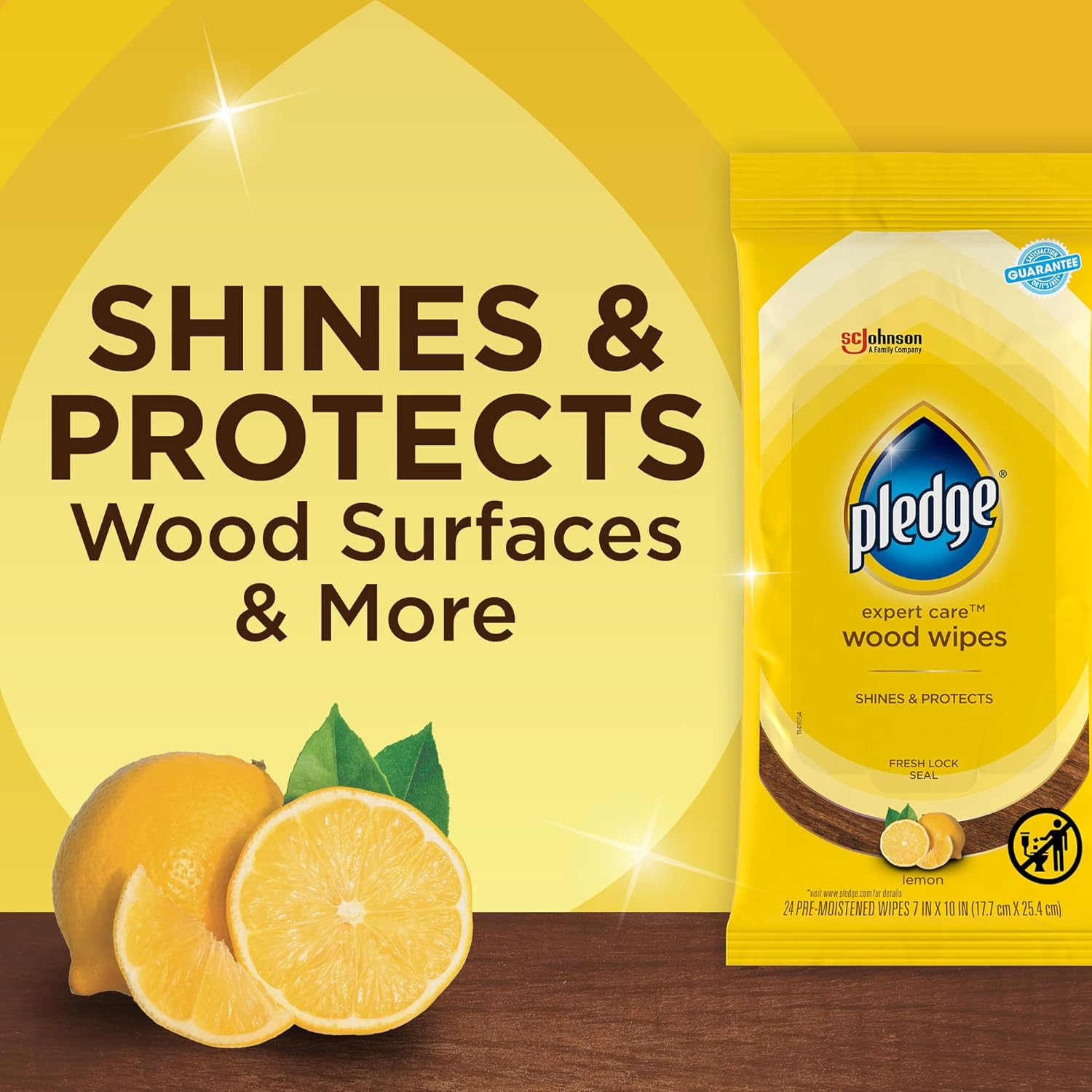 Pledge Expert Care Enhancing Wood Wipes, Lemon Scent (Pack of 6, 144 Total Count
