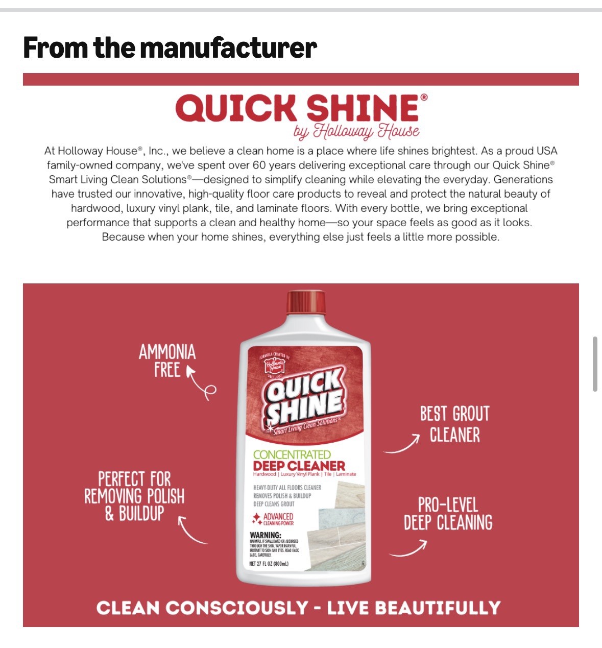 New Quick Shine Multi Surface Deep Floor Cleaner and Remover 27 Oz | Removes Wax