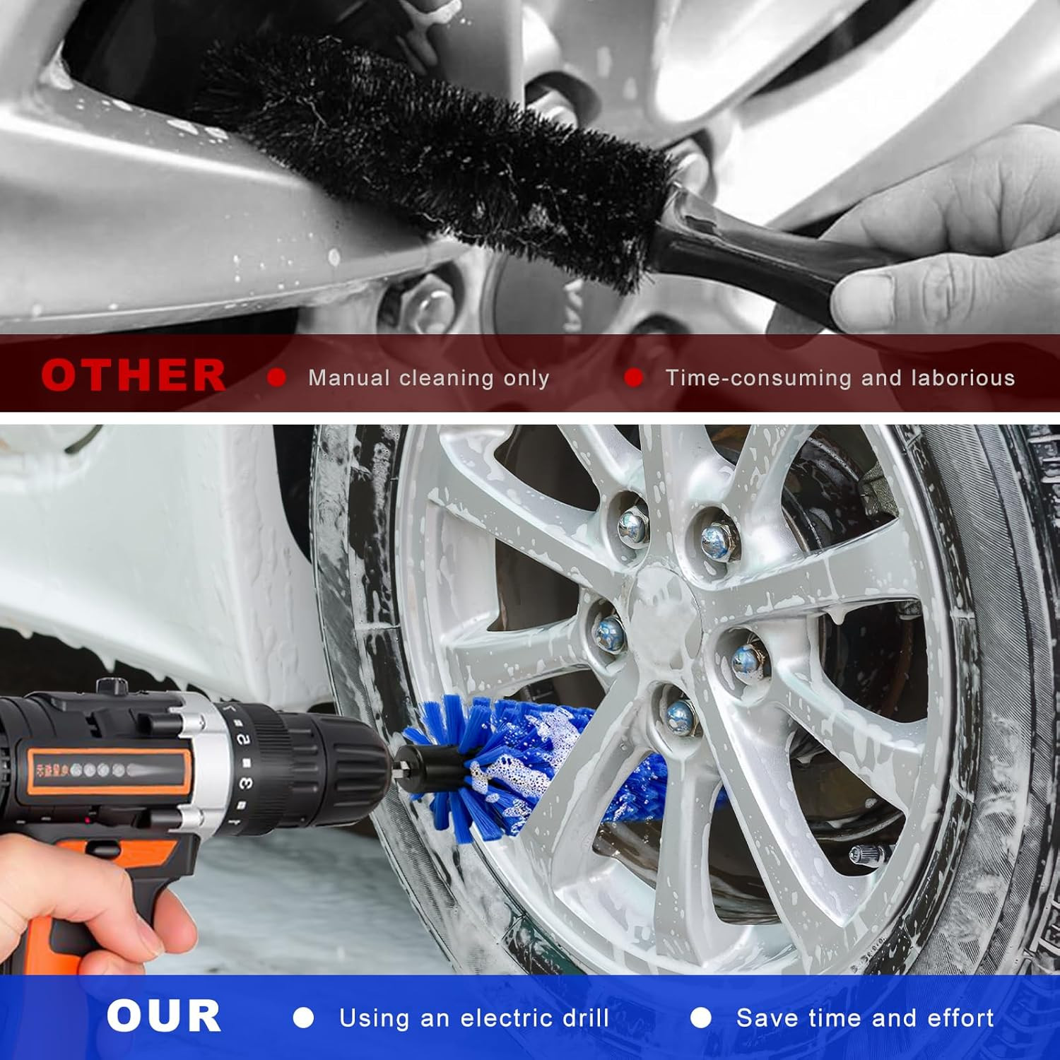 Drill Brush for Car Wheel, Highly Dense Wheel Rim Cleaning Brush with 1/4″ Dr…