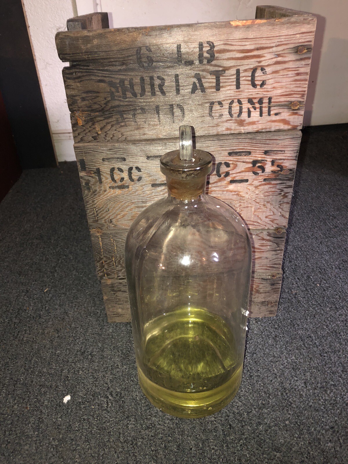 Glass stopper bottle 1/2 Gal Antique In Wood Box Muriatic Acid