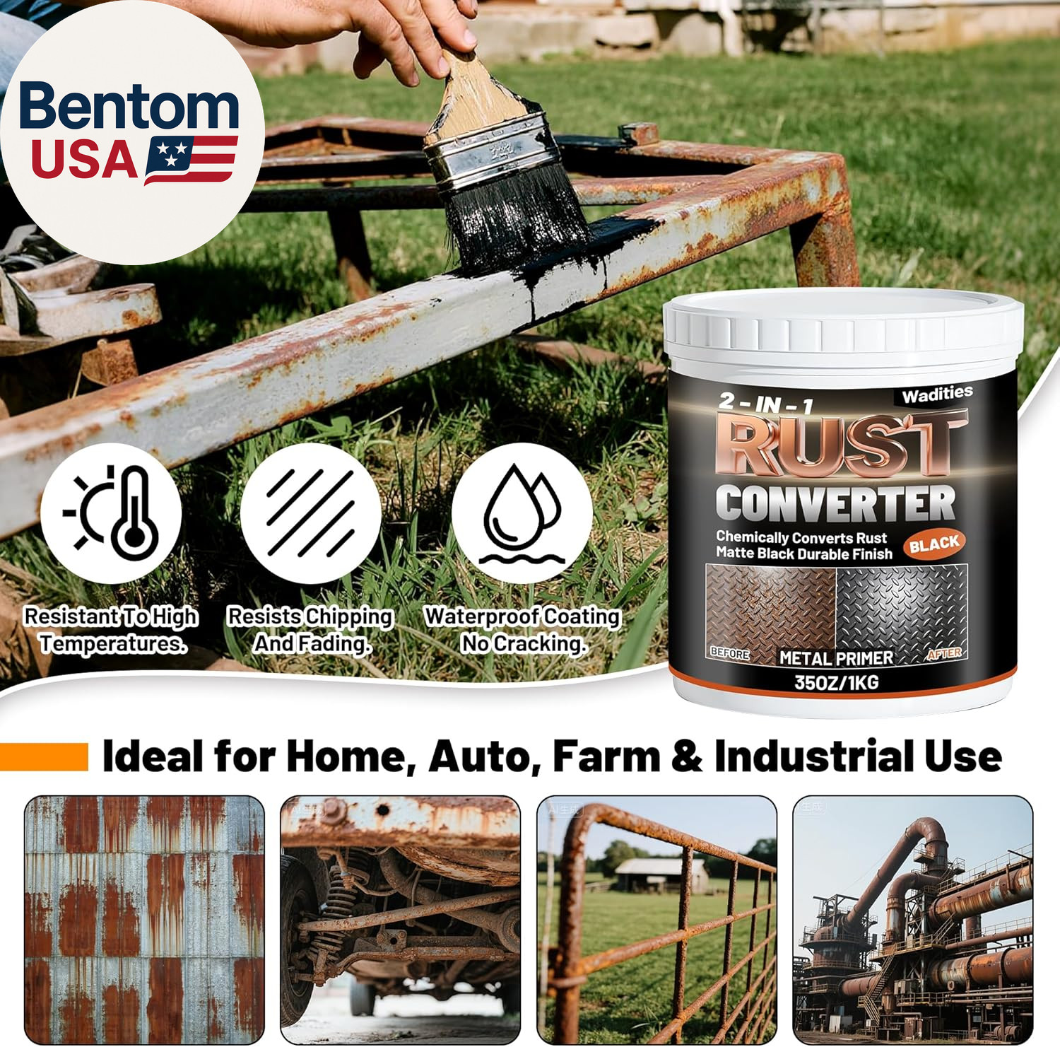 2-In-1 Rust Converter & Metal Primer, 35Oz Matte Black Rust Inhibitor Paint for