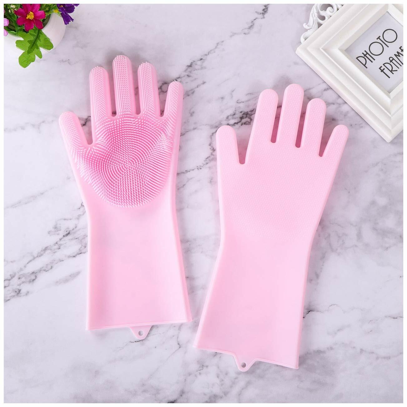 Reusable Silicone Gloves Scrubbing Glove Bristles Scrubber Dishwashing Pink