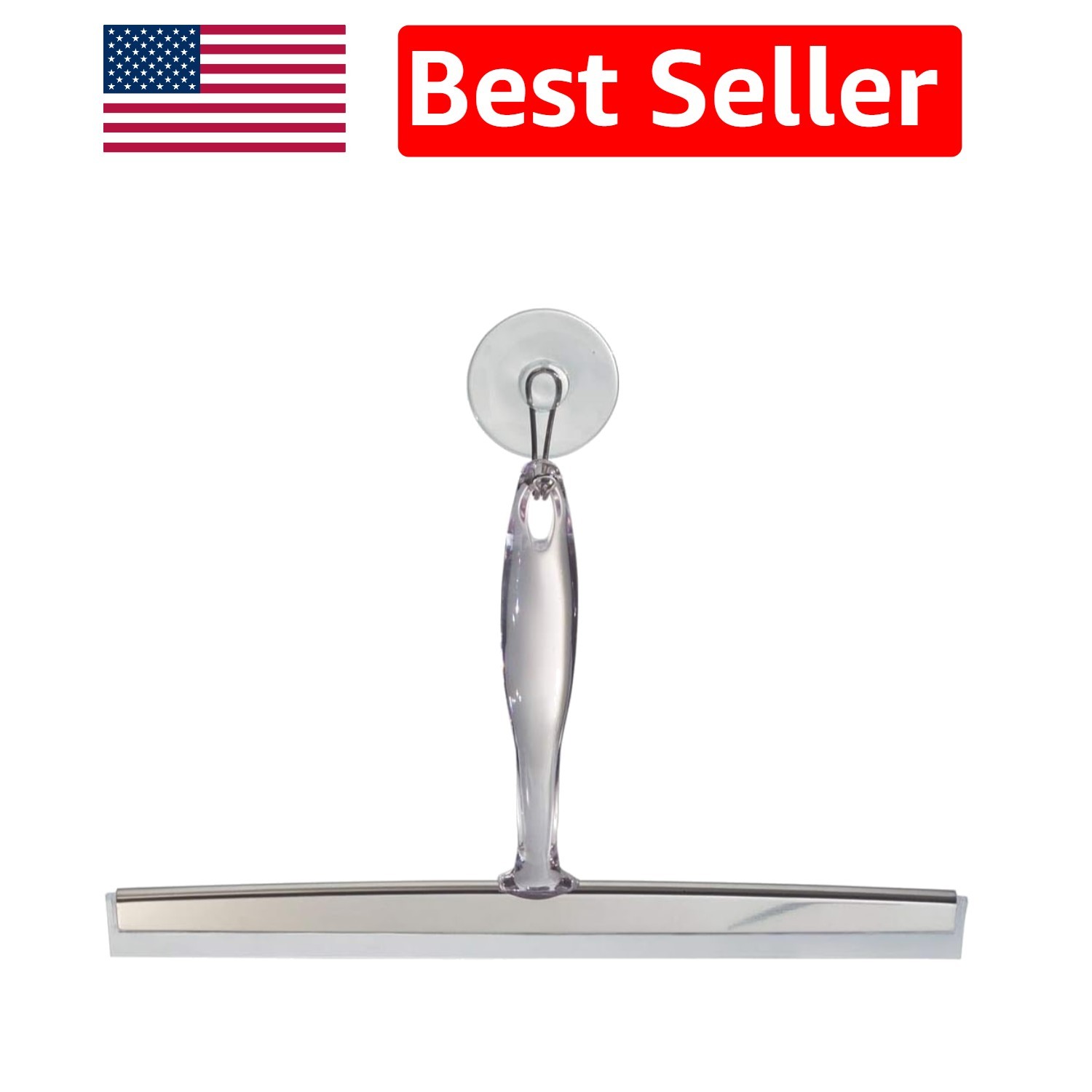 Clear Bathroom Squeegee with Stainless Steel Accents and Suction Holder – 12 In.