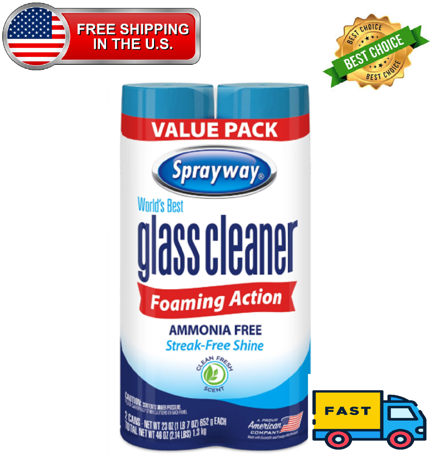 Sprayway Glass Cleaner Foaming Aerosol Spray, 19 oz, 2-Pack, Ammonia-Free, Strea