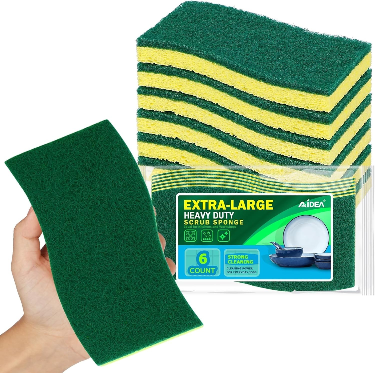 Extra Large 6 Count Heavy Duty Scrub Sponges for Kitchen and Bathroom Cleaning