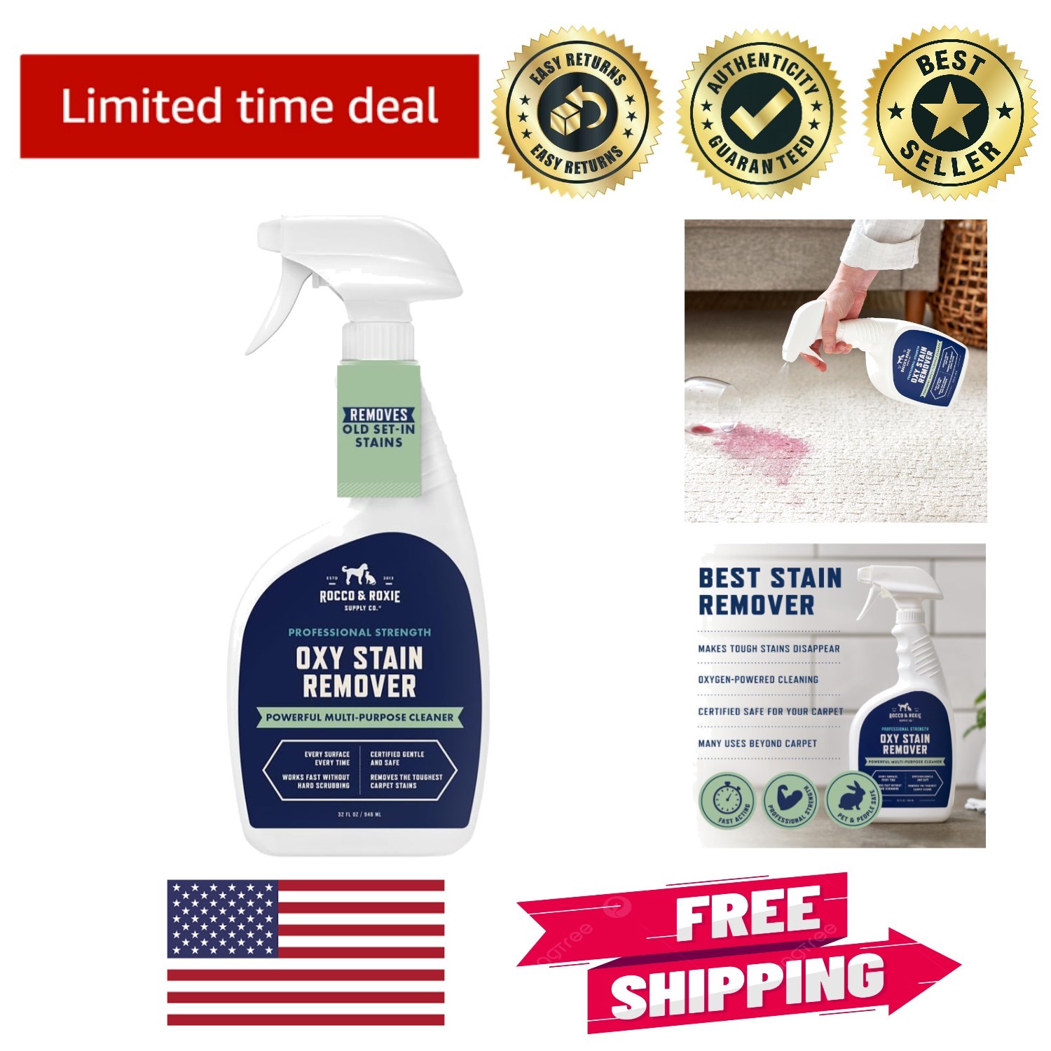 Rocco & Roxie Oxy Spray: Fast-Acting Carpet & Upholstery Stain Remover, 16 oz