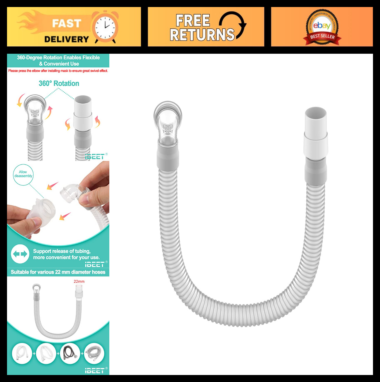 Short Tube Assembly for CPAP, Hose Supplies, Includes Swivel & Elbow Connector