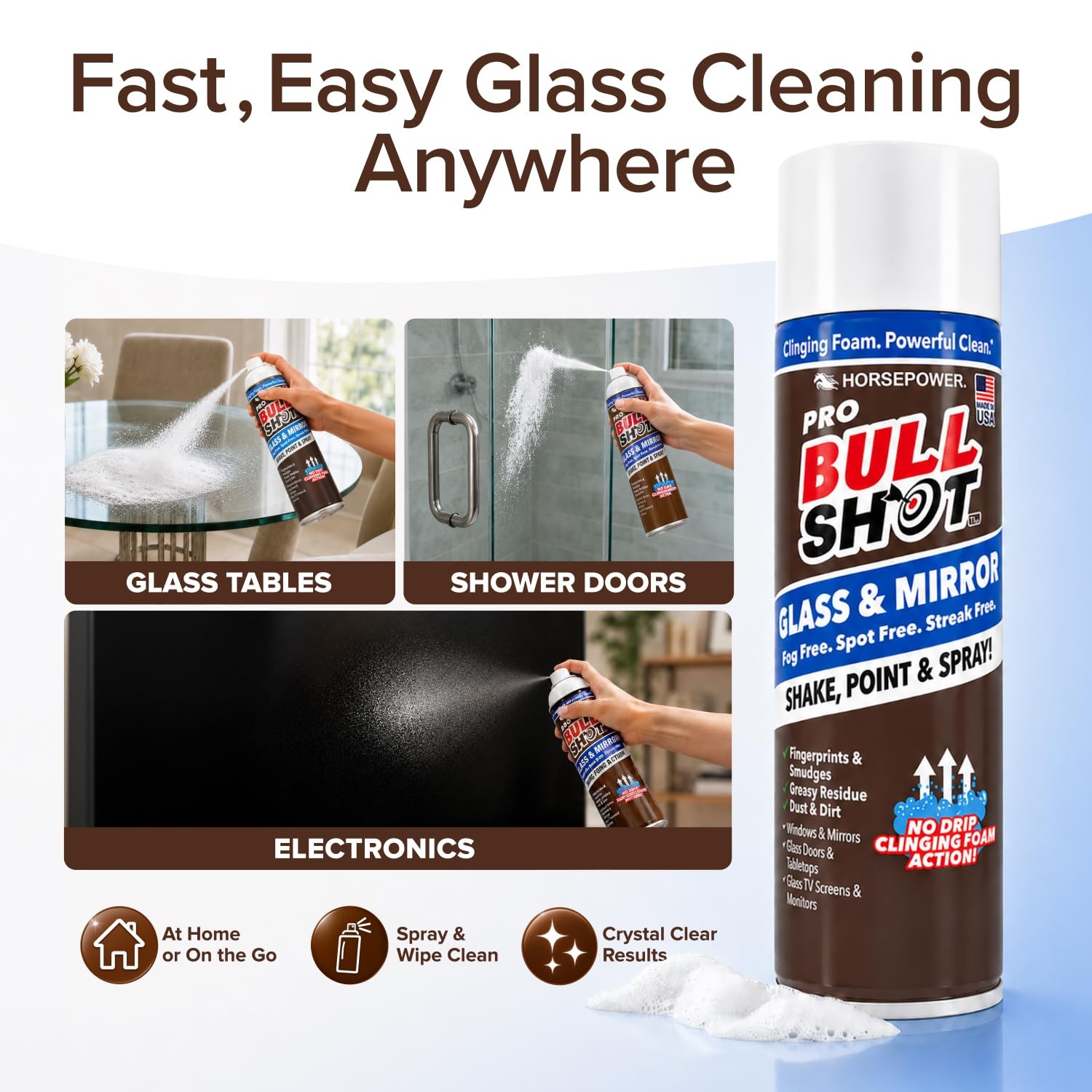 Bull Shot Glass & Mirror Cleaner, As Seen On TV, No-Drip Foaming Glass Cleane…
