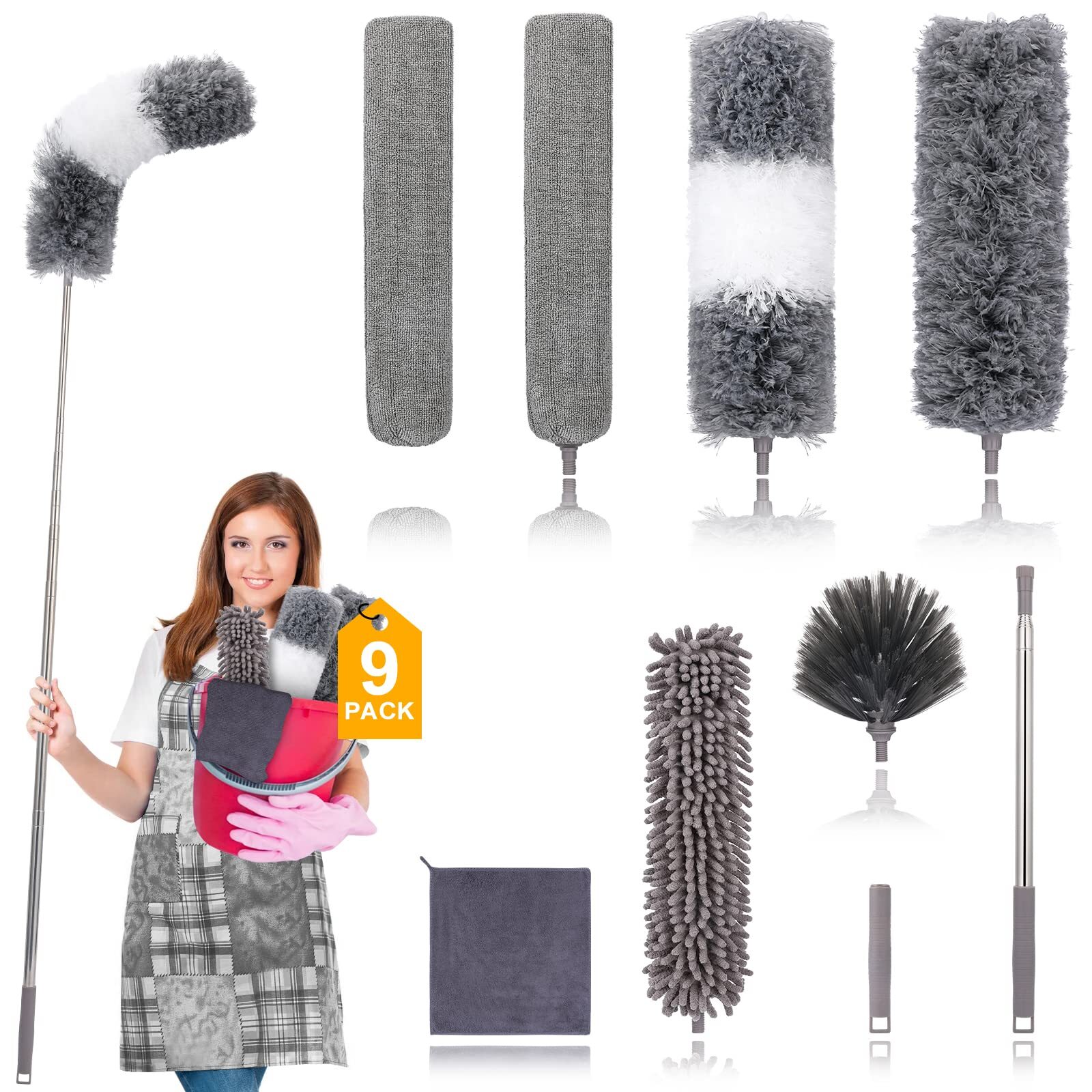 Microfiber Duster Set 9 Pcs Extendable 30-100 Inches for Fans Ceilings