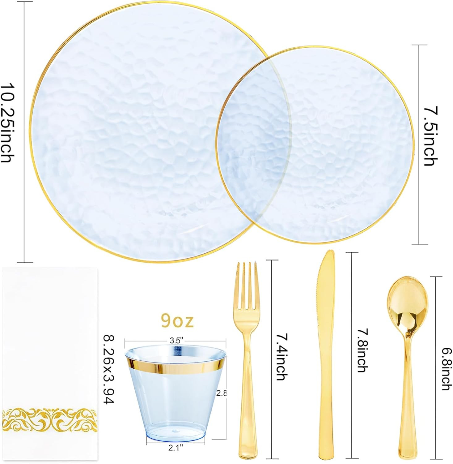 Dayammi 175PCS Clear Blue Gold Plastic Dinnerware Set for 25 Guests, Hammered Di