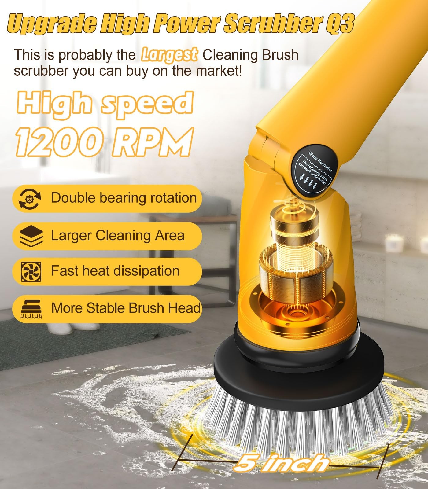 Electric Spin Scrubber Extra Large Brush Q3,6000 mAh Best Battery Power Scrub…