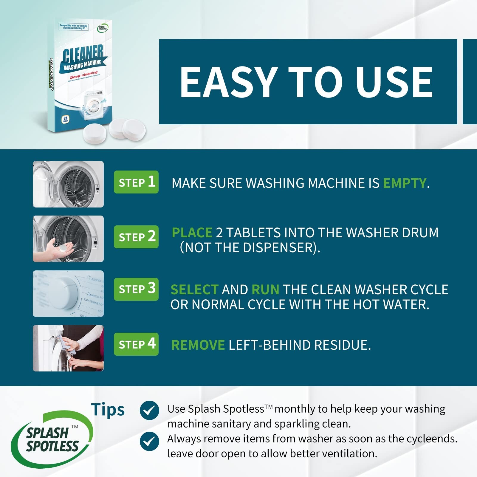Splash Spotless Washing Machine Cleaner Deep Cleaning for HE Top Load Washers…