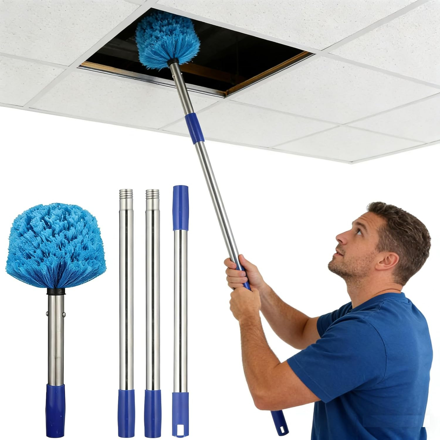 Cobweb Duster with Extension Pole, 4 FT Stainless Steel Pole with Spider Web Bru