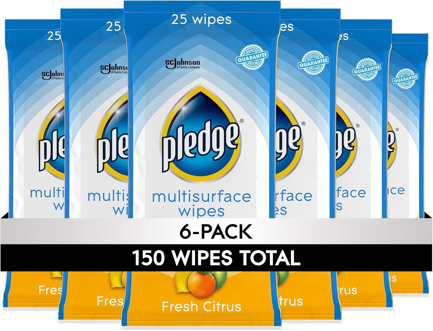 Pledge Multi-Surface Cleansing Wipes, Fresh Citrus – Pack of 6, 150 Total Wipes