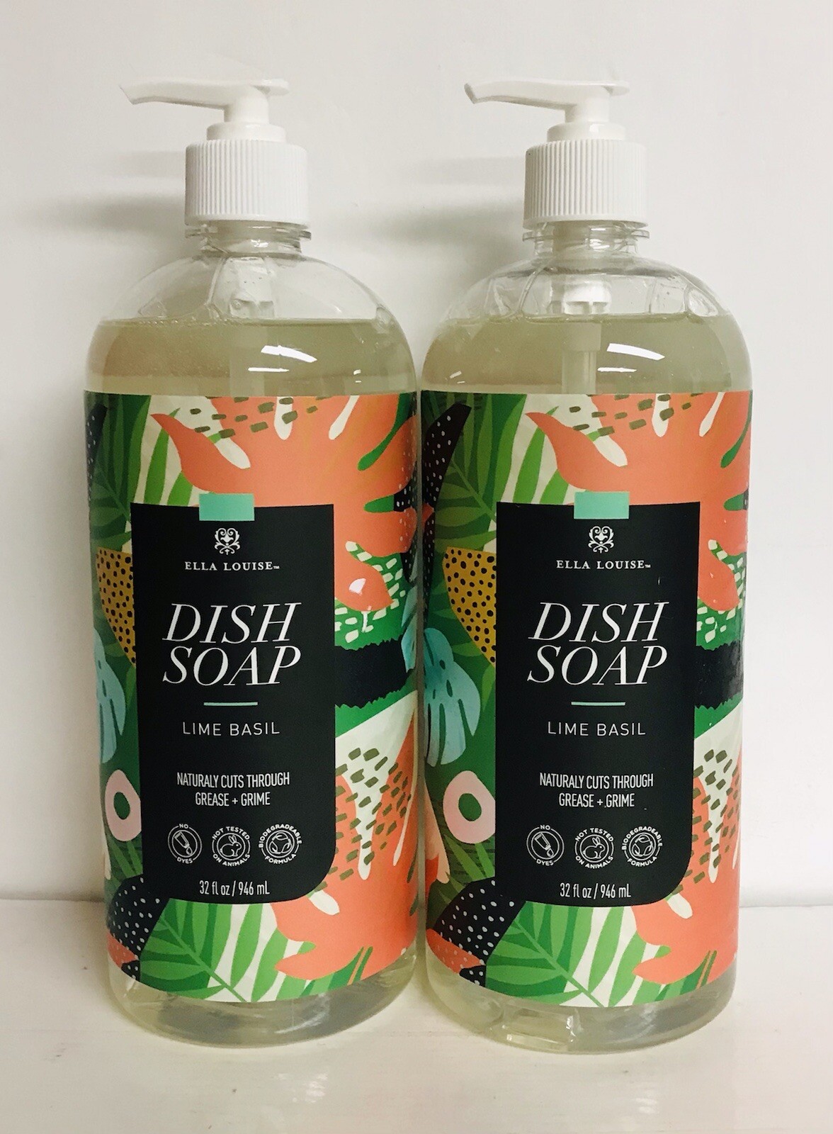 2 Bottles Lime Basil Dish Soap ~ Naturaly Cuts Through Grease & Grime 32 oz Each
