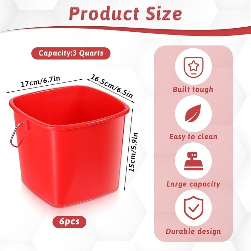 Durable Plastic Cleaning Buckets Set of 6 W/ Metal Handle Home Office Use