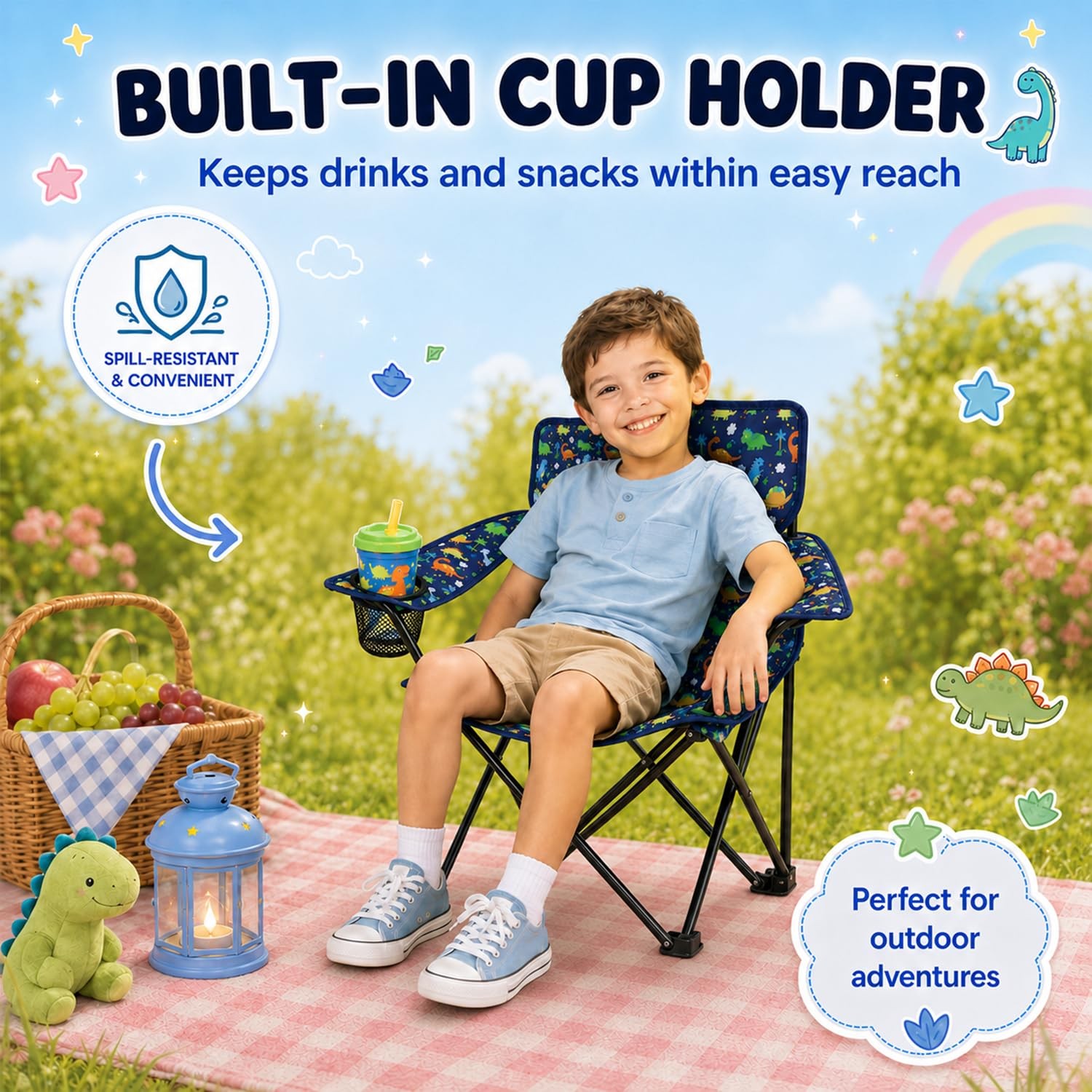 Playful Dinosaurs Kids Folding Camp Chair – Lightweight Portable Toddler Beac…