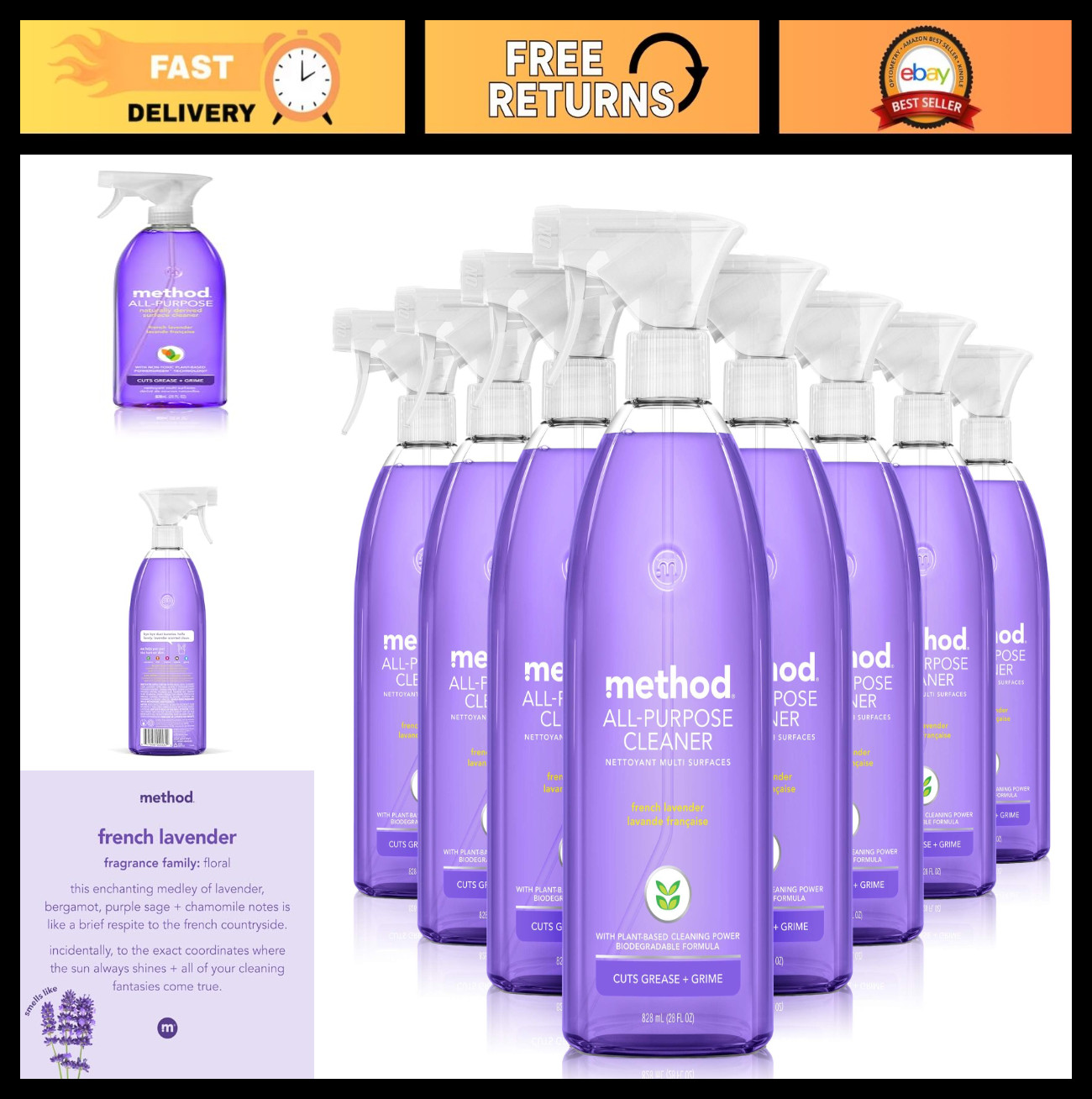 All-Purpose Cleaner Spray, French Lavender Scent, 28 Fl Oz, Pack of 8 – Multi-Su