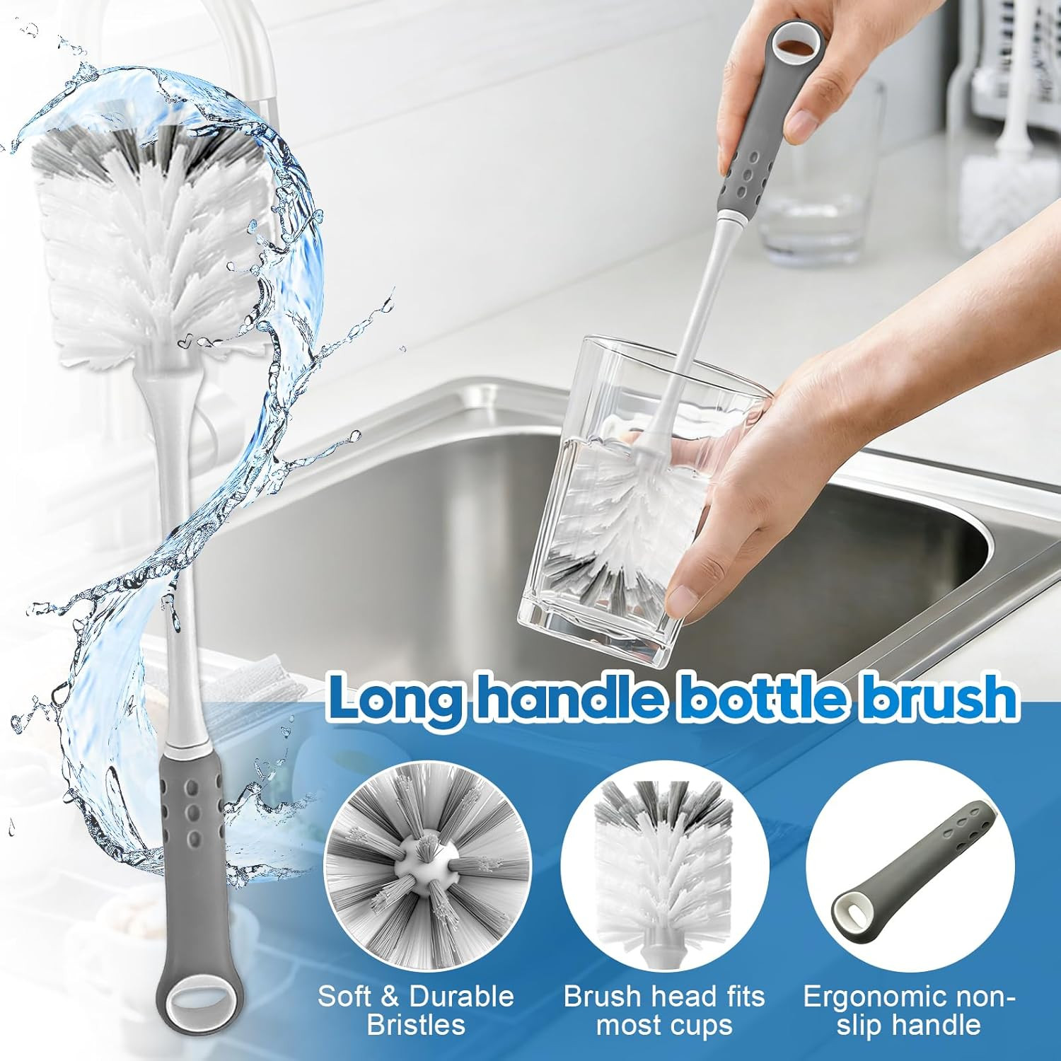 14Pcs Bottle Brush Cleaner Set, Long Handle Bottle Brushes, Sponge Brushes, 3-In