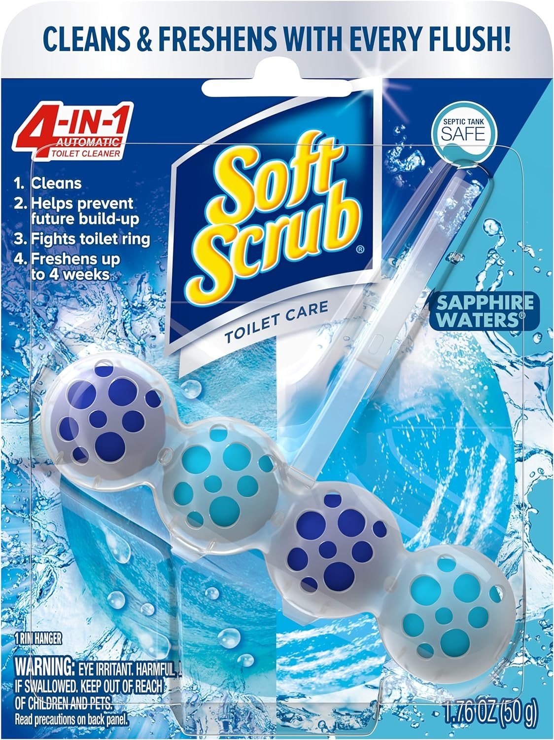 1 Pack 4-in-1 Rim Hanger Toilet Cleaner, Sapphire Waters, 1.76 fl oz (50 g)