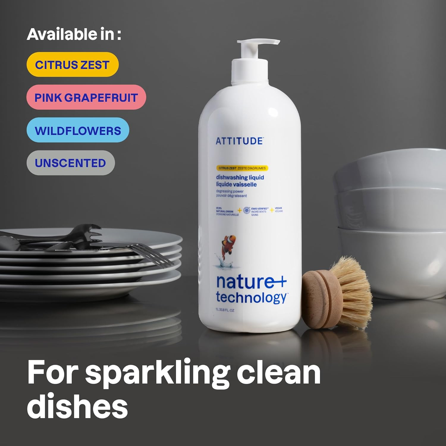 ATTITUDE Dish Soap, EWG Verified, Plant-Based & Vegan Dishwashing Liquid