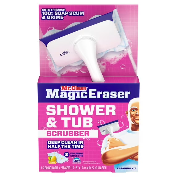 Mr. Clean Shower & Tub Scrubber, Starter Kit, 1 Scrubber & 2 Erasers