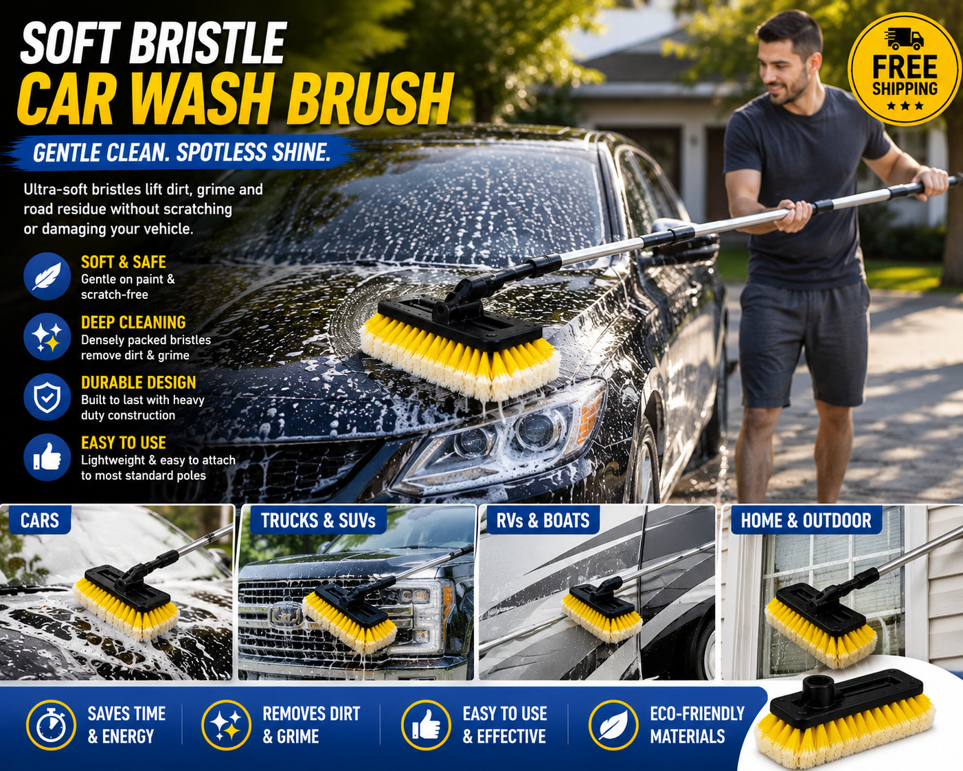 soft bristle car wash brush head- gentle auto cleaning tool
