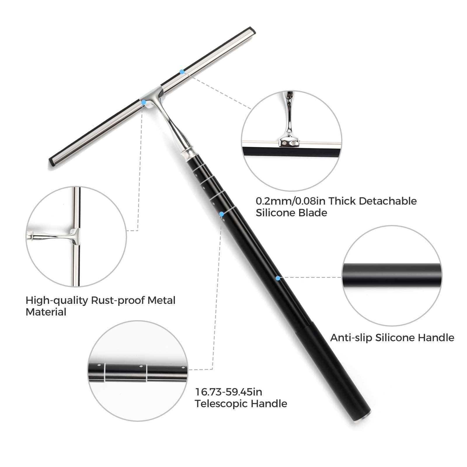 16.7“- 59.5″ Long Handle Window Squeegee with Extension Pole, 12.4″ Wide Meta…