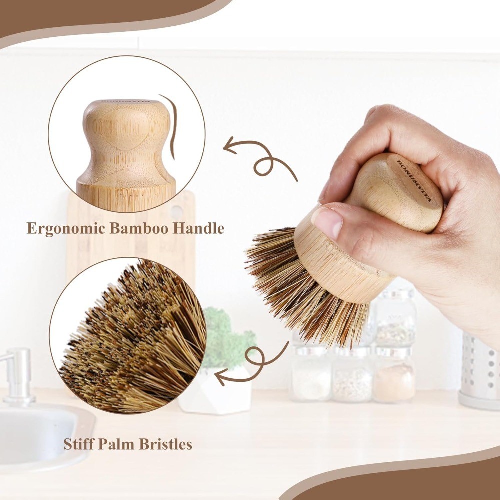 Natural Bamboo Dish Brush Set 4 Pack Kitchen Palm Pot Scrubber with Union Fiber