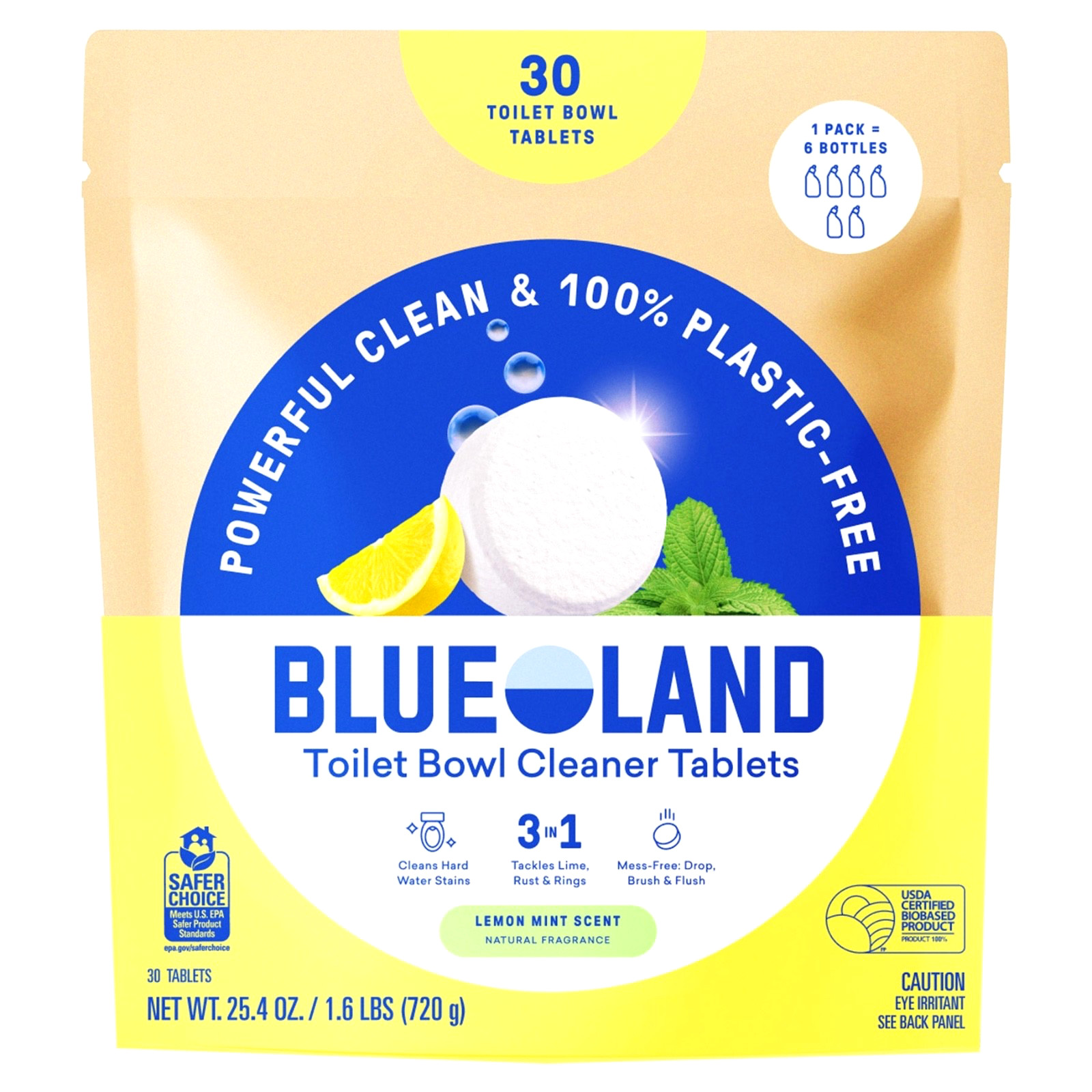 NEW BLUE LAND TOILET BOWL CLEANER TABLETS 3 IN 1 LEMON MINT SCENT 30 TABLETS