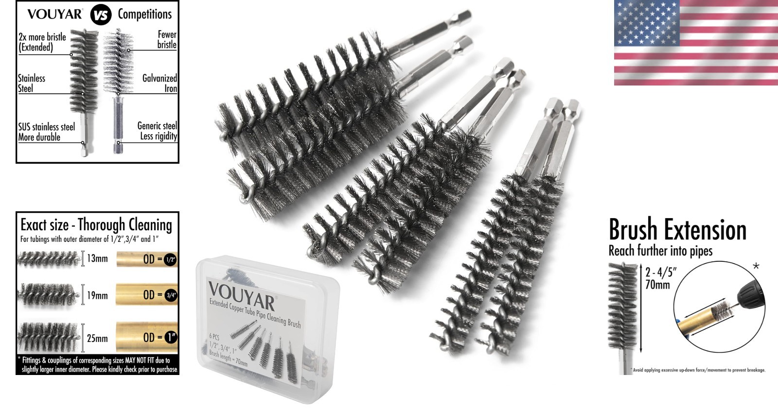 Versatile 6pcs Stainless Steel Pipe Cleaner Brushes for Automotive & Plumbing