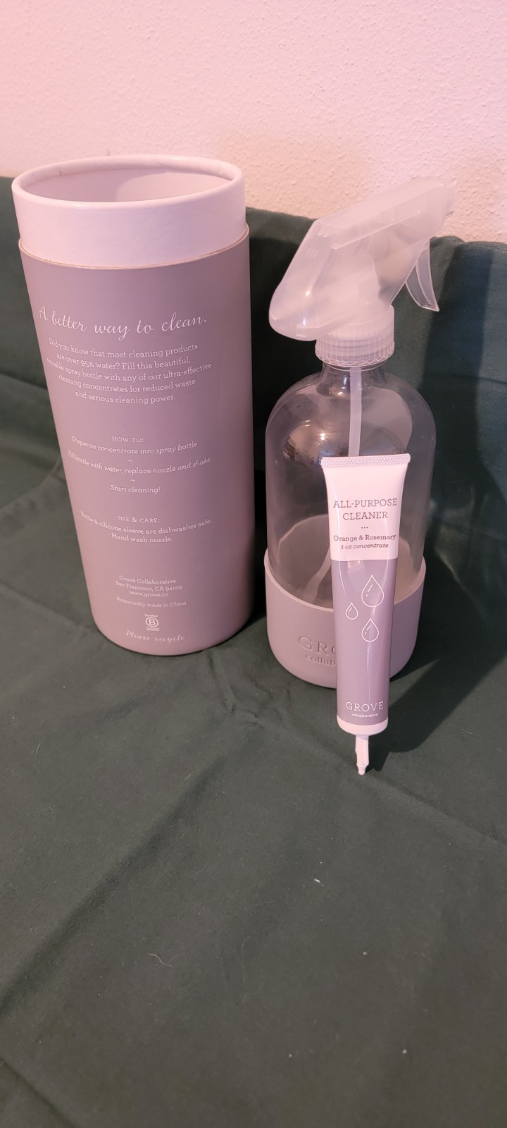 Grove Collaborative 16 oz Glass Spray Bottle With Silicone Light Gray Sleeve New
