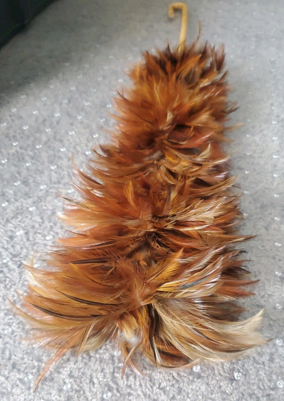 Vintage Chinese Long Chicken Hen Feather Duster w/ Hooked Bamboo Handle 26″