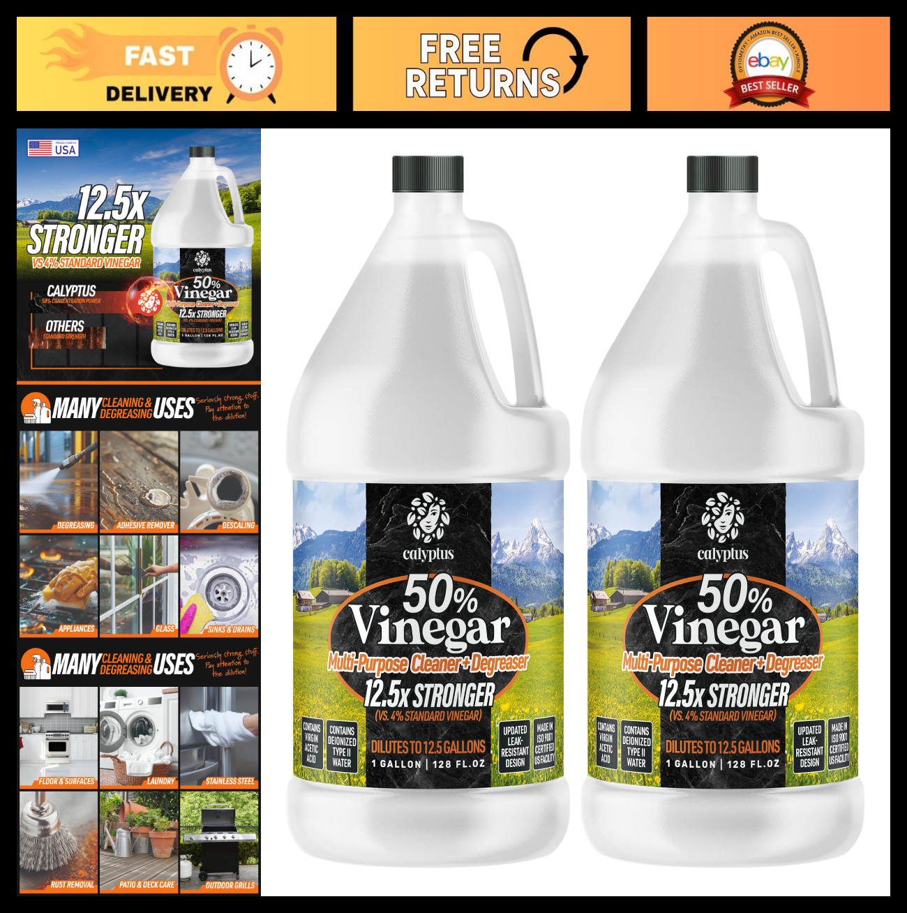 50% Pure Concentrated Vinegar | Powerful 12.5X Cleaning Solution | 2 Gallon Size