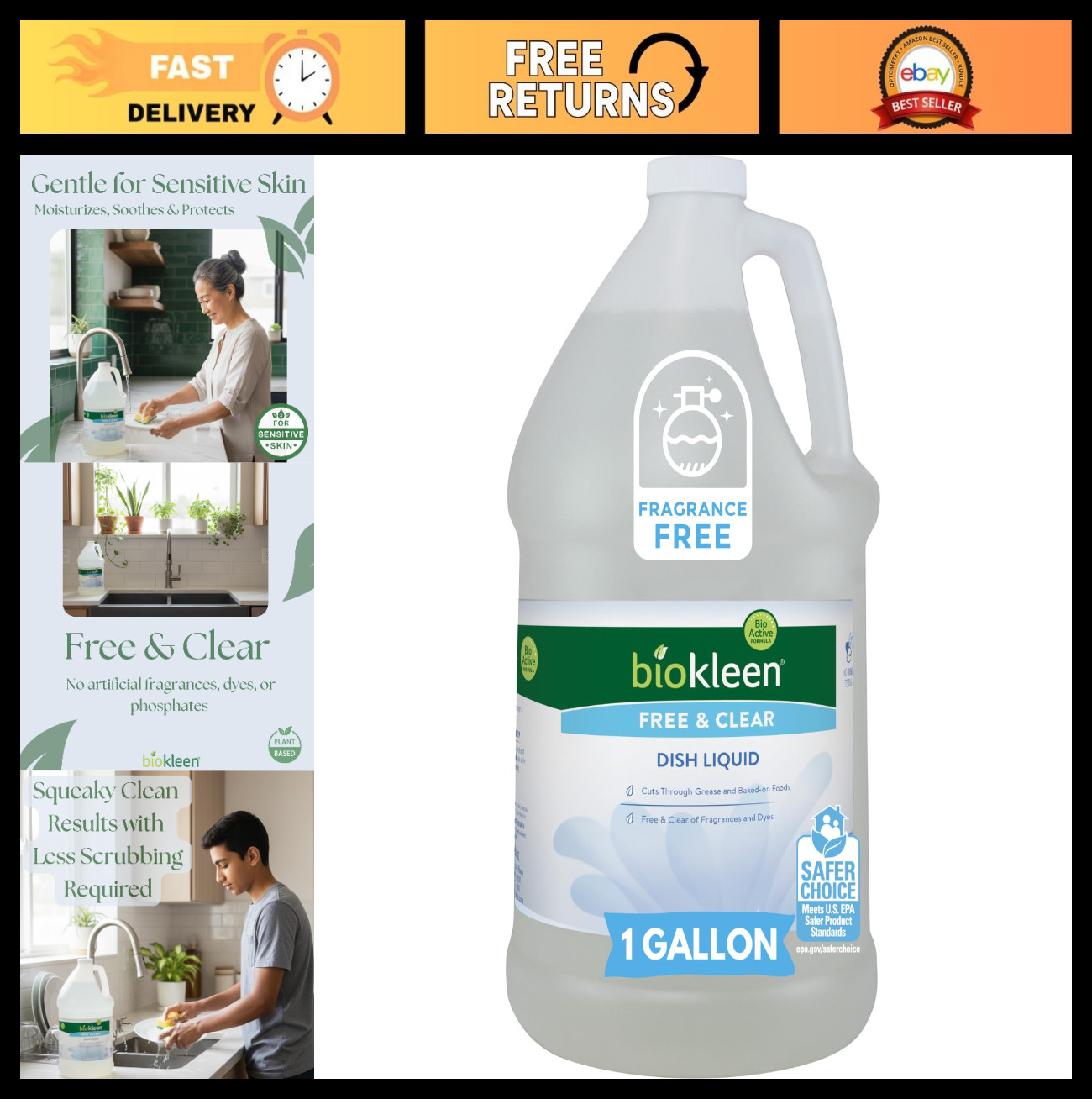 Eco-Friendly Dish Soap – Non-Toxic Plant-Based Dishwashing Liquid, Unscented Cle