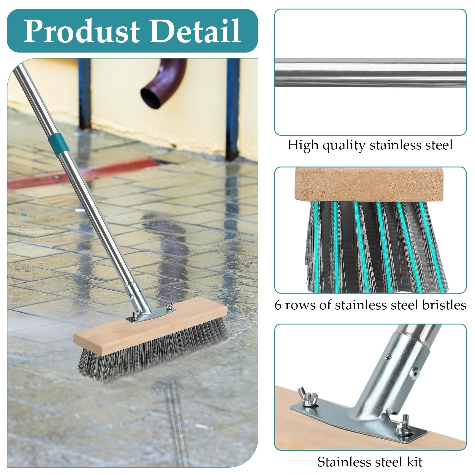 Stainless Steel Deck Scrub Brush with Long Handle, Outdoor Broom for Concrete