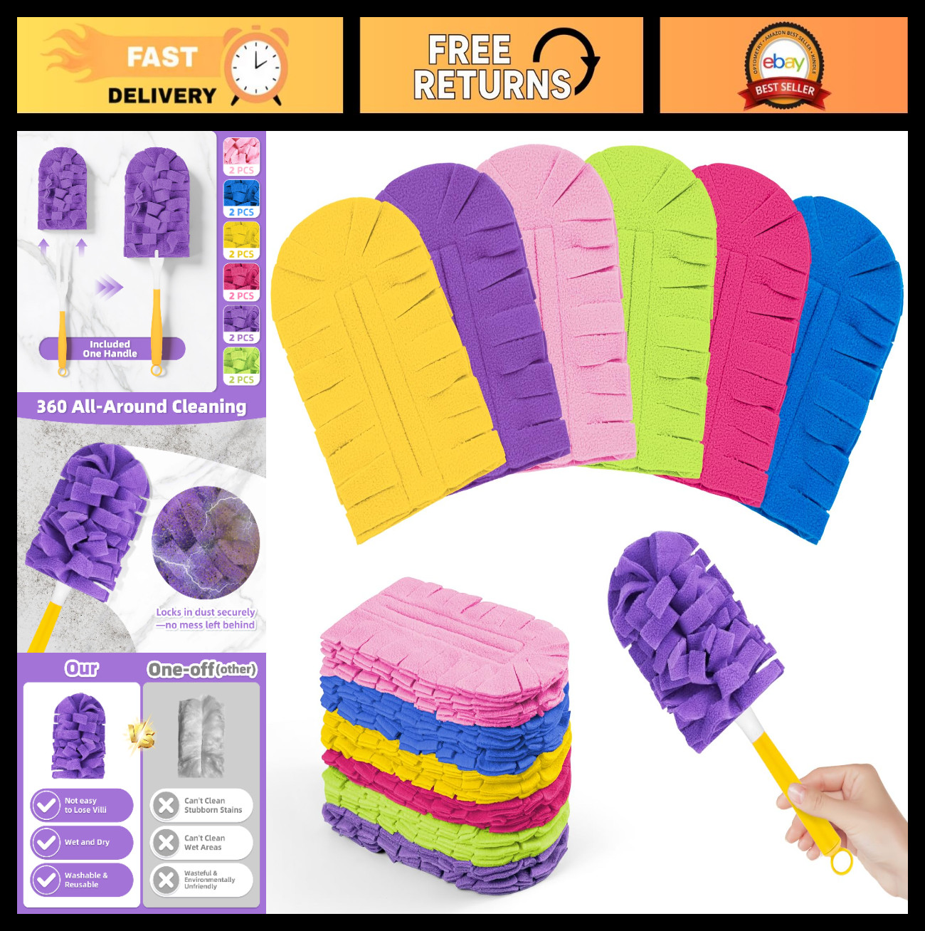 12 PCS Washable Fleece Duster Refills, Heavy Duty 360° Cleaning Pads + Handle