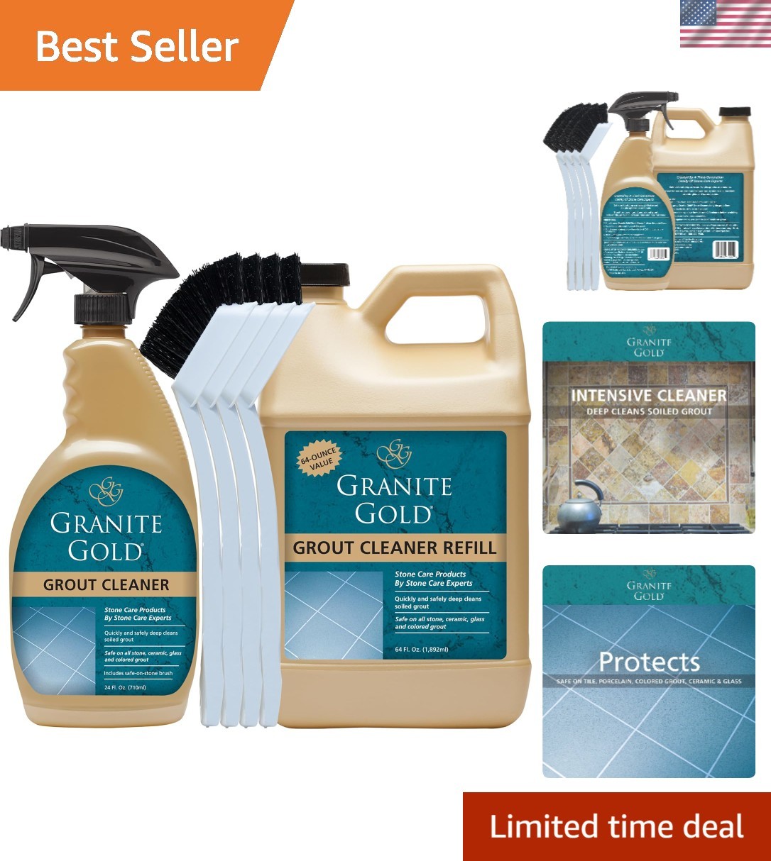 Streak-Free Grout Cleaner for Stone, Ceramic & Glass – 88 Oz, 4 Brushes Included