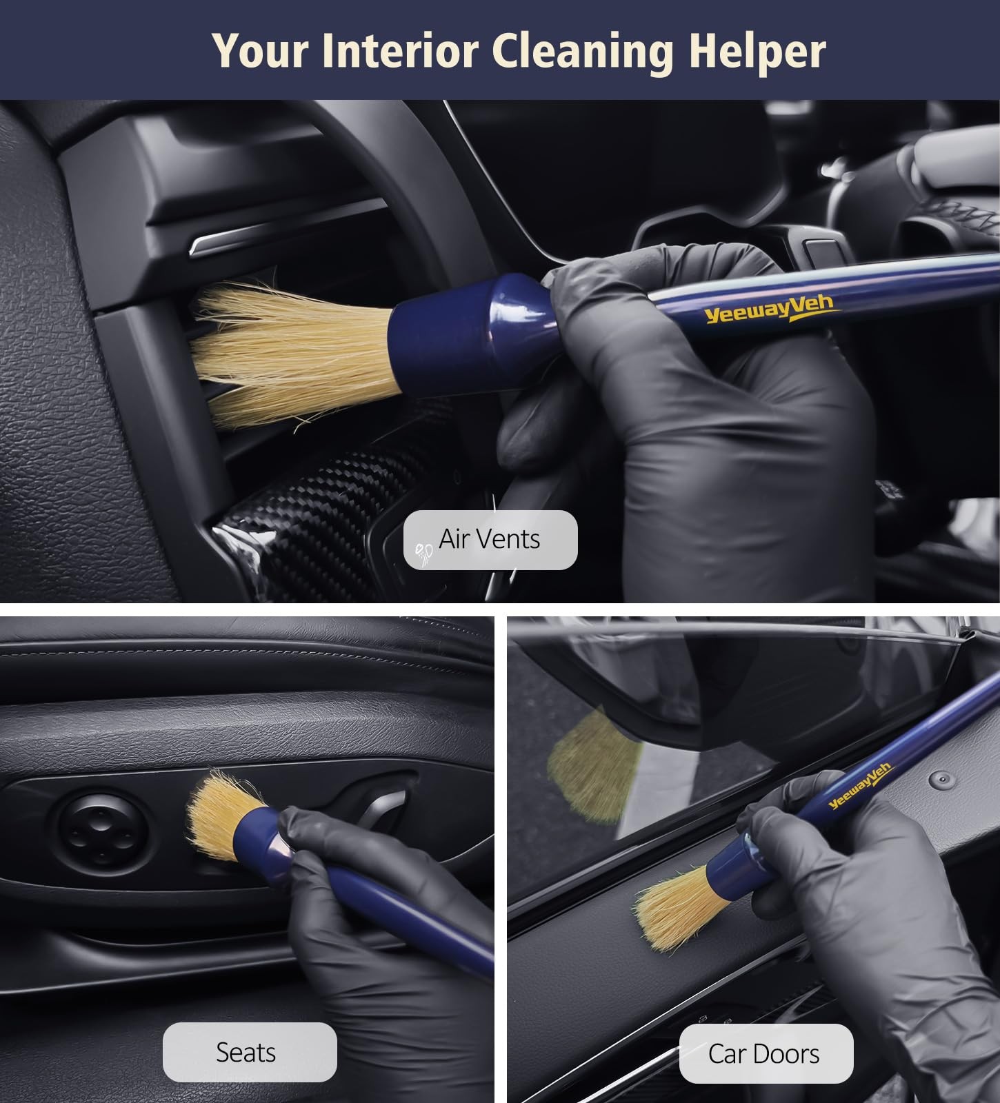 Car Detailing Brush Set, 3 Pack Ultra Soft Boars Hair Detailing Brushes for Leat