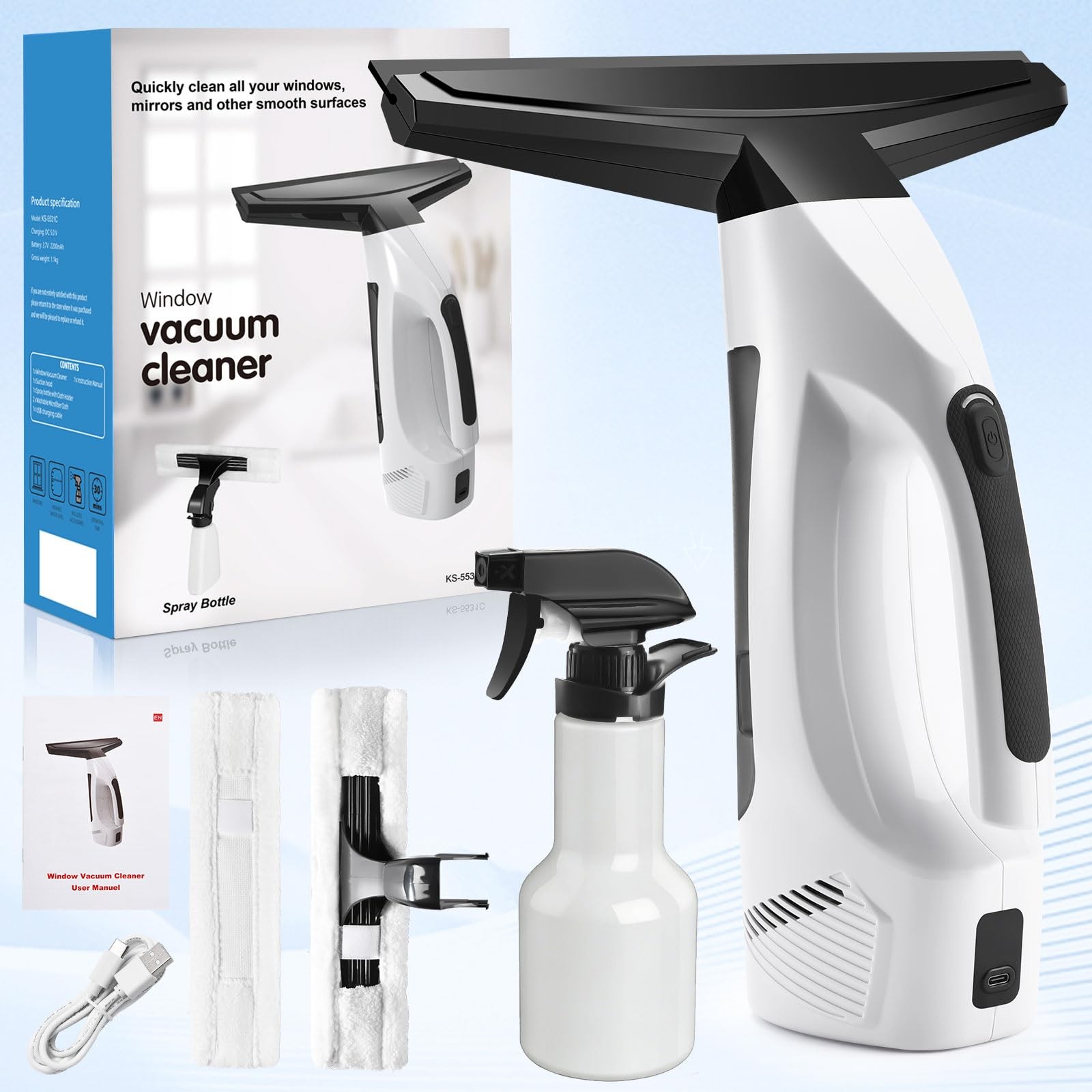 Window Vacuum Squeegee Cordless, 3-in-1 Electric Window Cleaner Tool with 220…